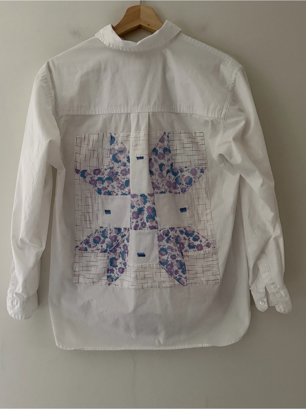 Carleen Patchwork Blouse Button Down White Cotton Size Medium Oversized